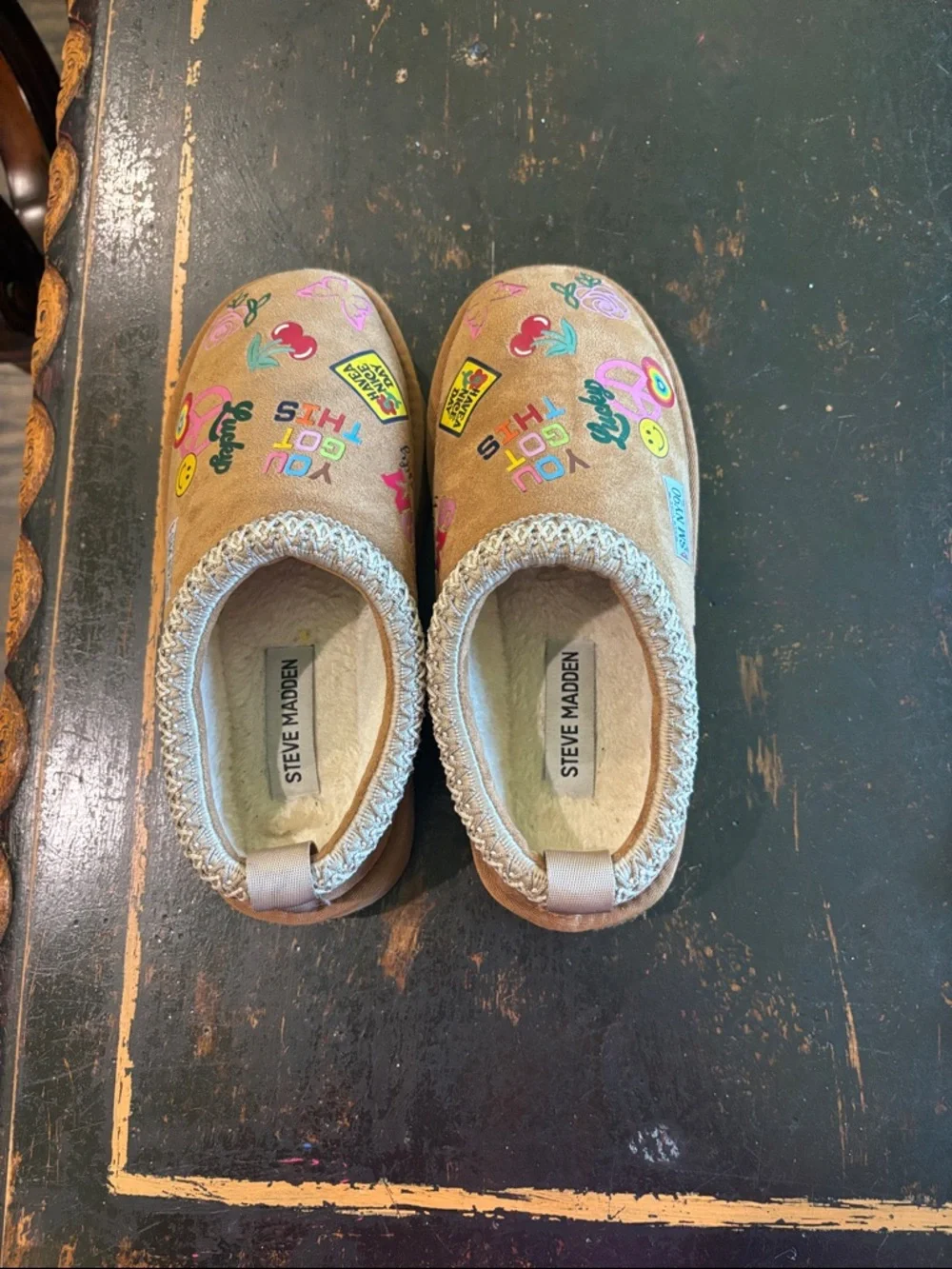 Steve Madden Kids Tan Slip-On Shoes with Colorful Sticker Prints